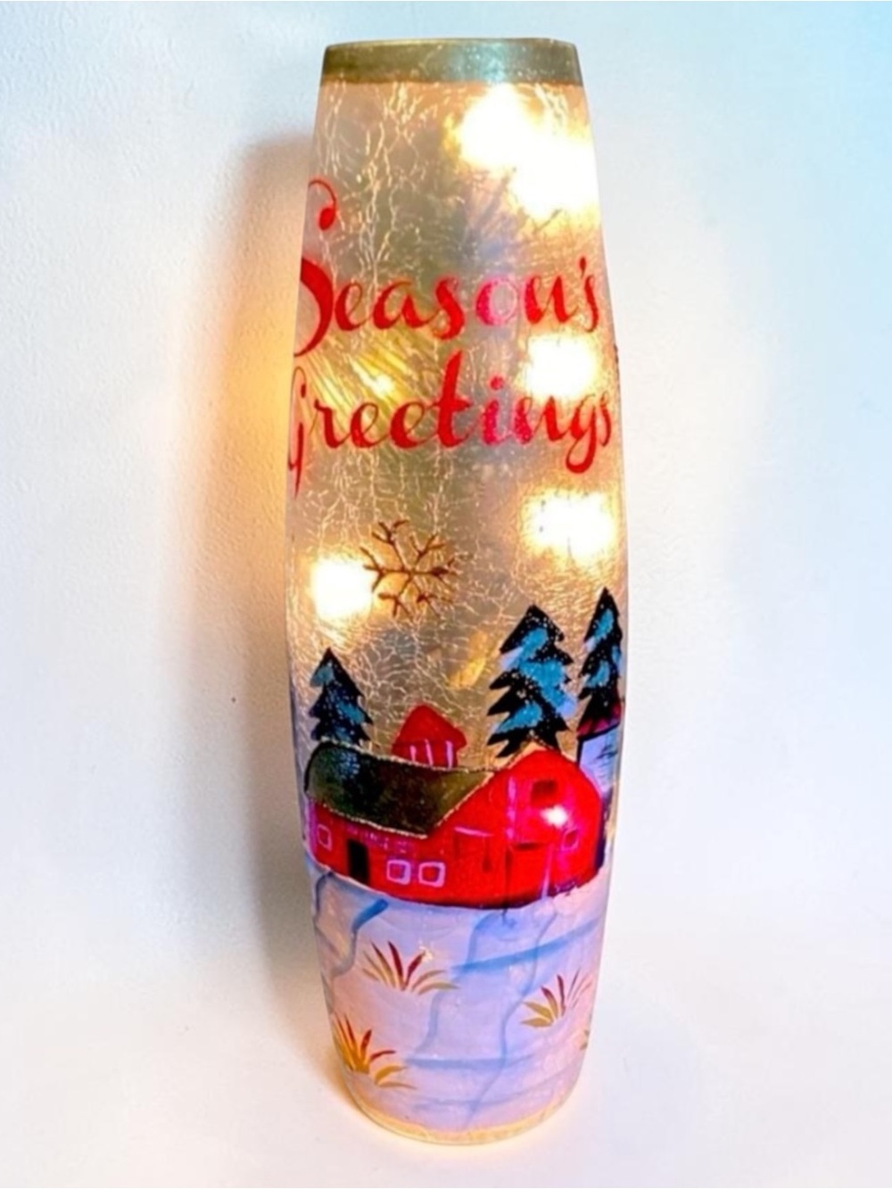 Vintage Holiday Season Greetings Christmas Frosted Lighted Vase